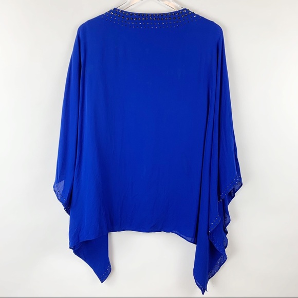 St. John Cobalt Blue Silk Poncho Batwing Bead Top - Picture 3 of 8